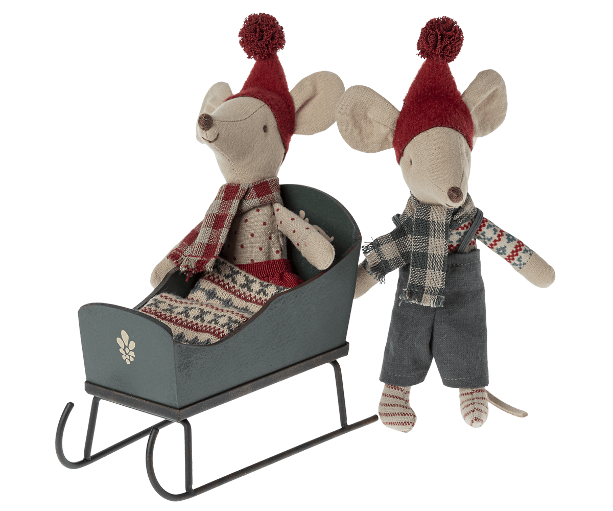 2022 Maileg Mouse Green Christmas Sleigh - Knot and Spool