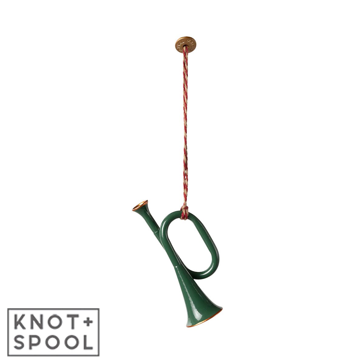 2024 Maileg Dark - Green Metal Trumpet Ornament - Knot and Spool