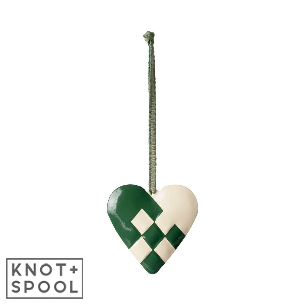 2024 Maileg Large Dark - Green Metal Heart Ornament - Knot and Spool