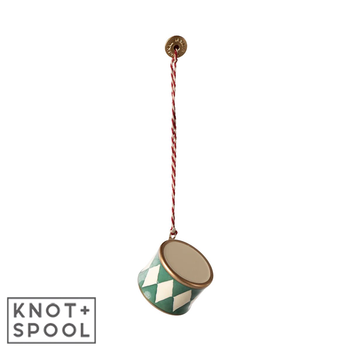 2024 Maileg Small Dark - Green Metal Drum Ornament - Knot and Spool