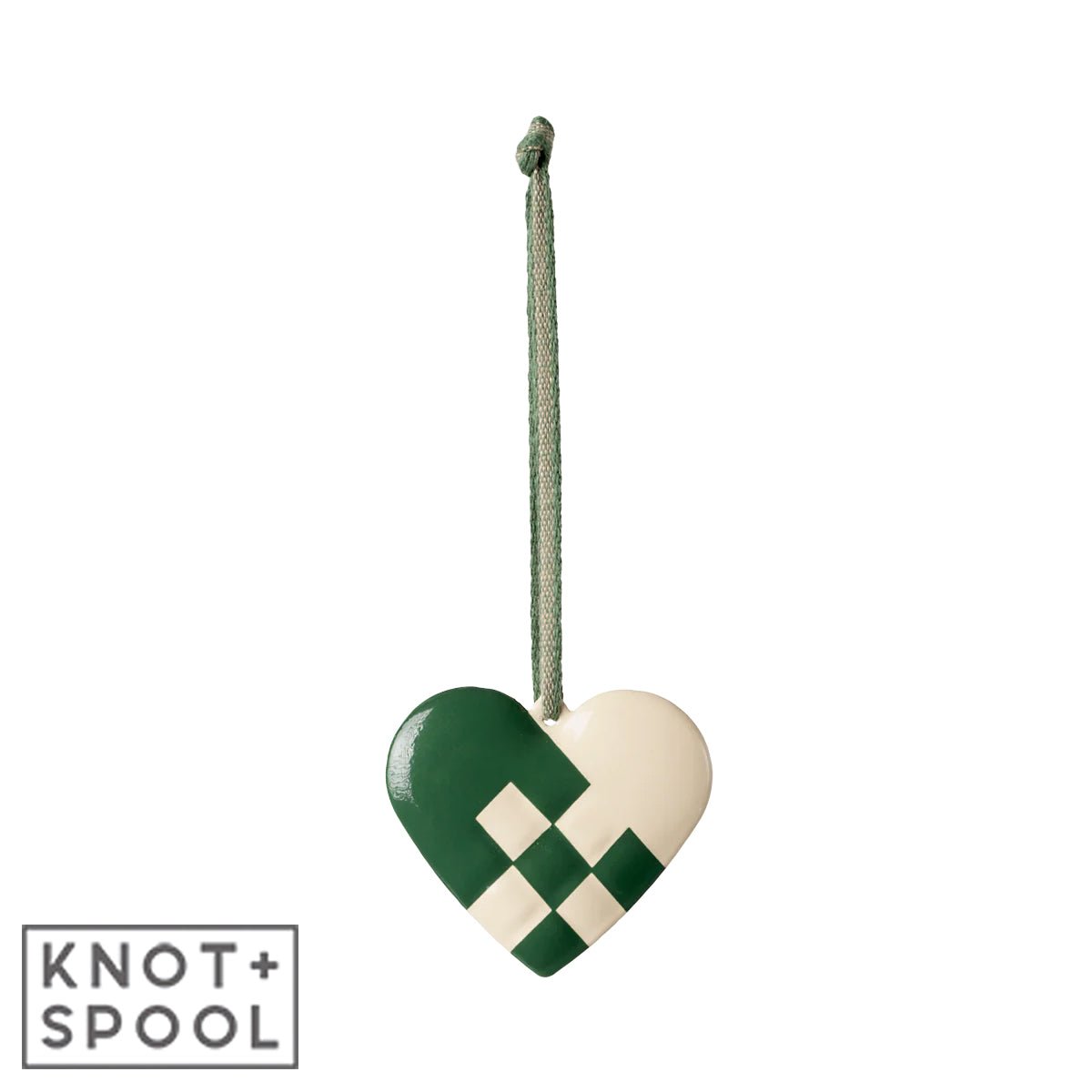 2024 Maileg Small Dark Green Metal Heart Ornament - Knot and Spool