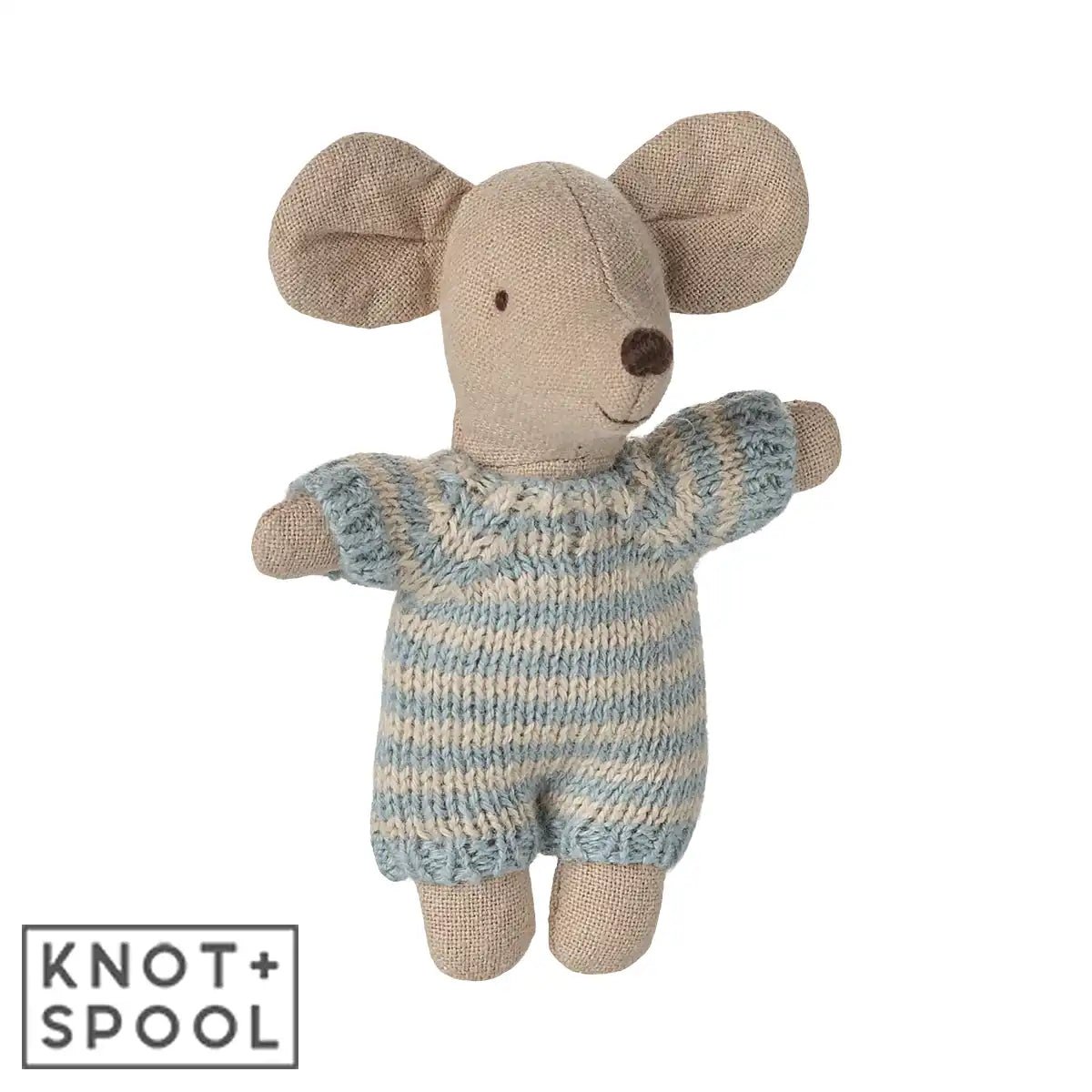 2025 Maileg Blue Baby Mouse in Carry Cot - Knot and Spool