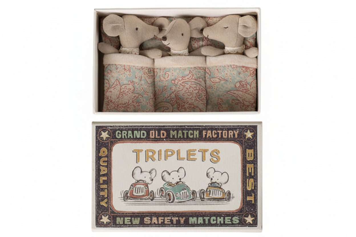 2026 Maileg Checkered Baby Mice Triplet In Matchbox - Knot and Spool