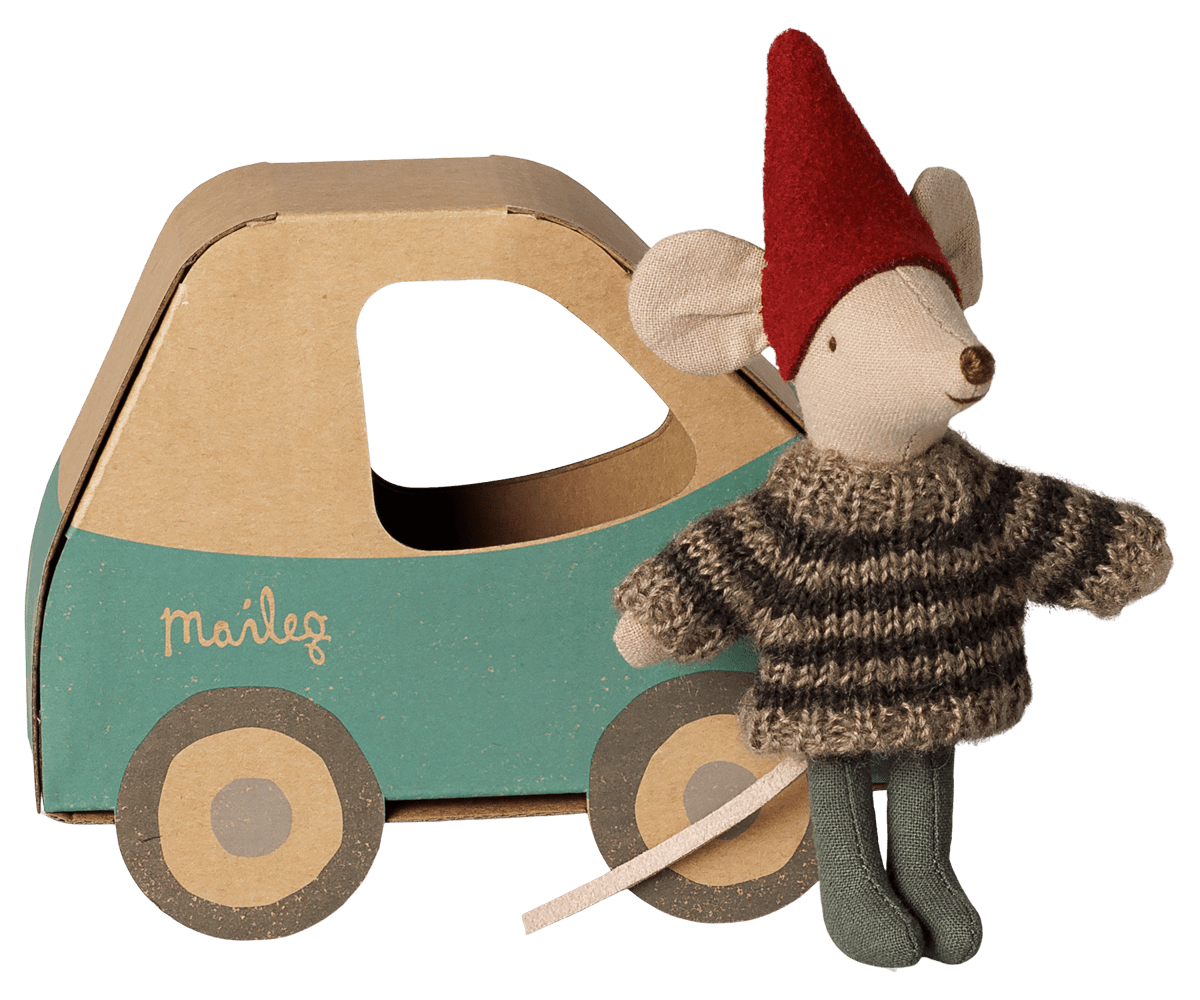 2026 Maileg Little Brother in Car Box Christmas Mouse - Knot and Spool