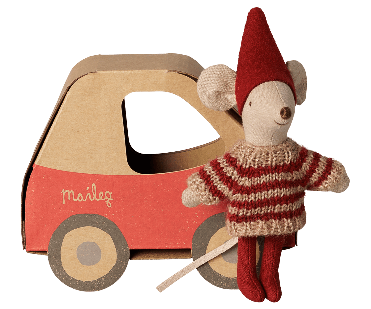 2026 Maileg Little Sister in Car Box Christmas Mouse - Knot and Spool