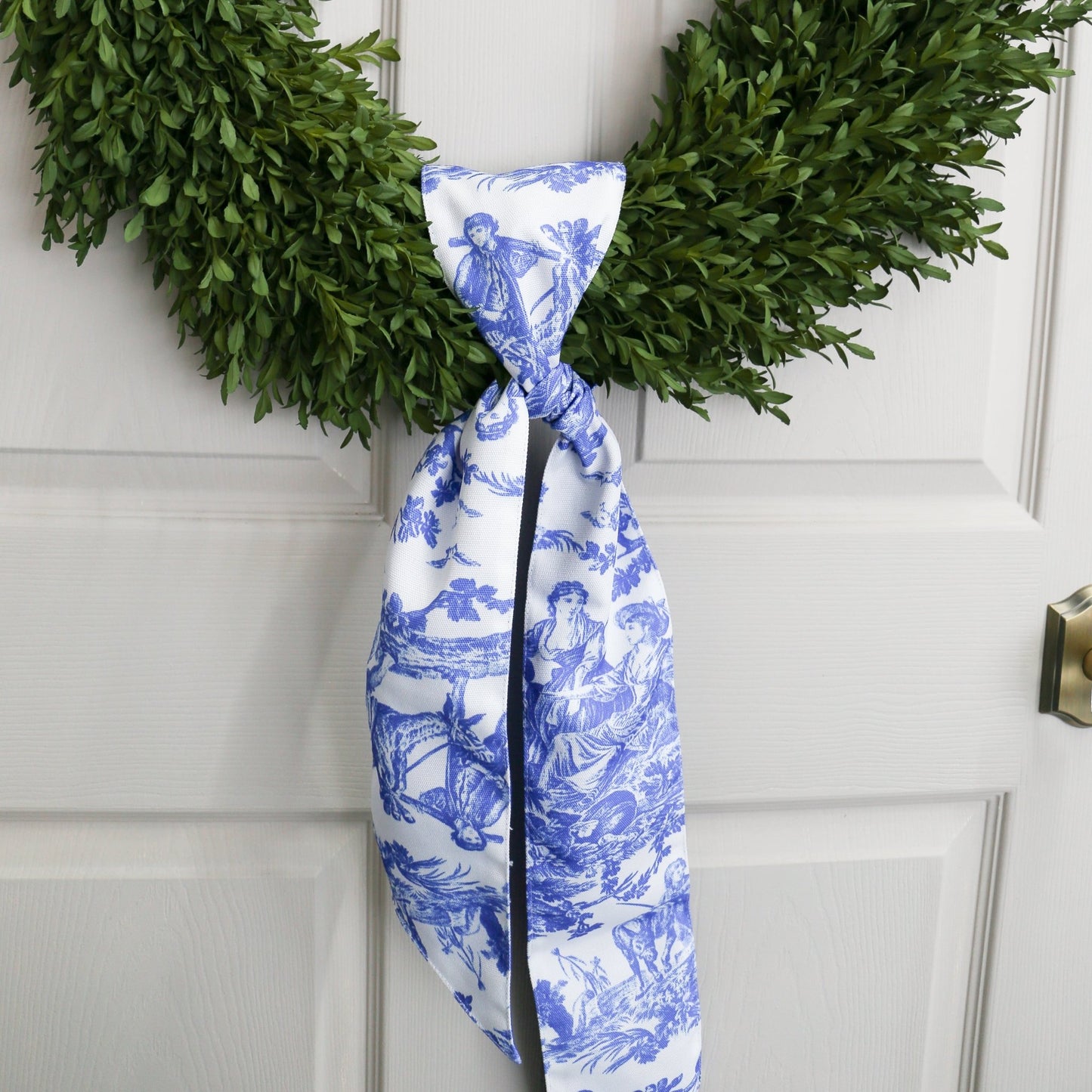 4" X 56" Canvas Deep Blue and White Toile Sash - Knot and Spool