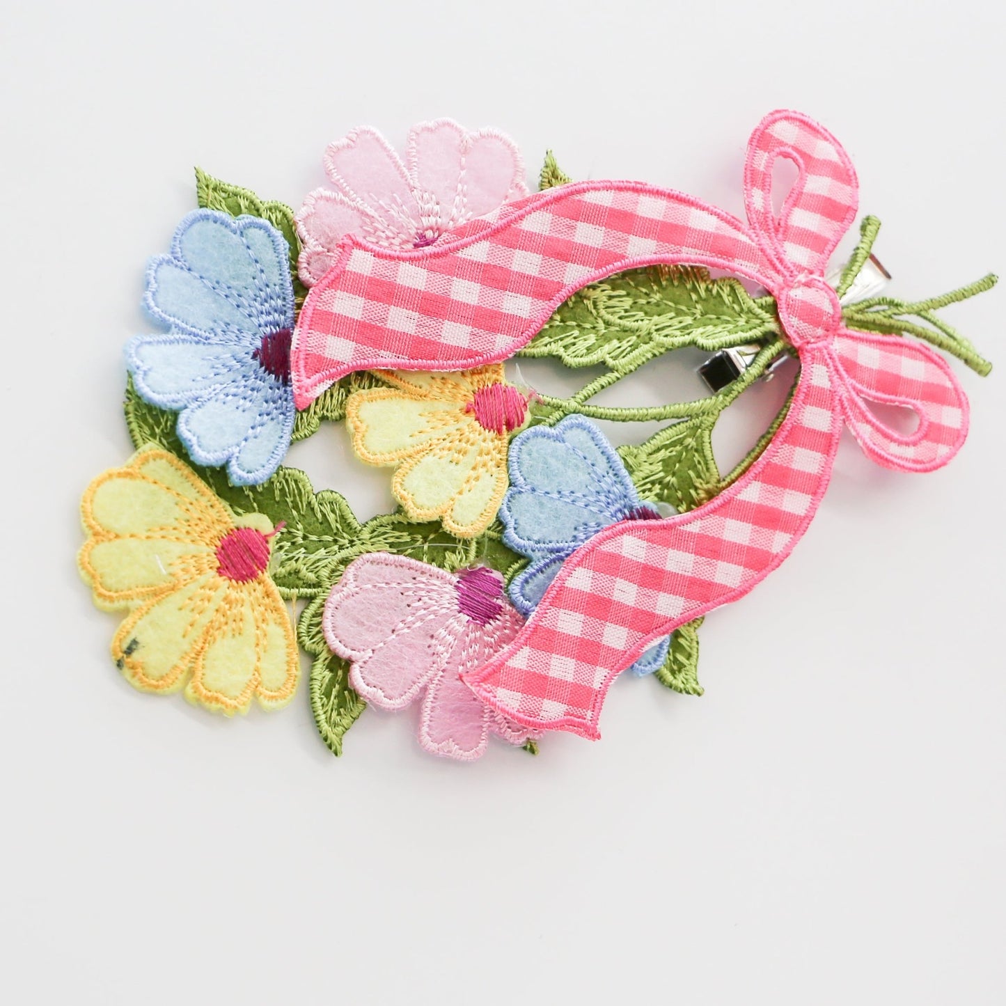 6" Daisy Cutout Gingham Pink Bow With Clip, Yellow, Pink, and Blue - Knot and Spool