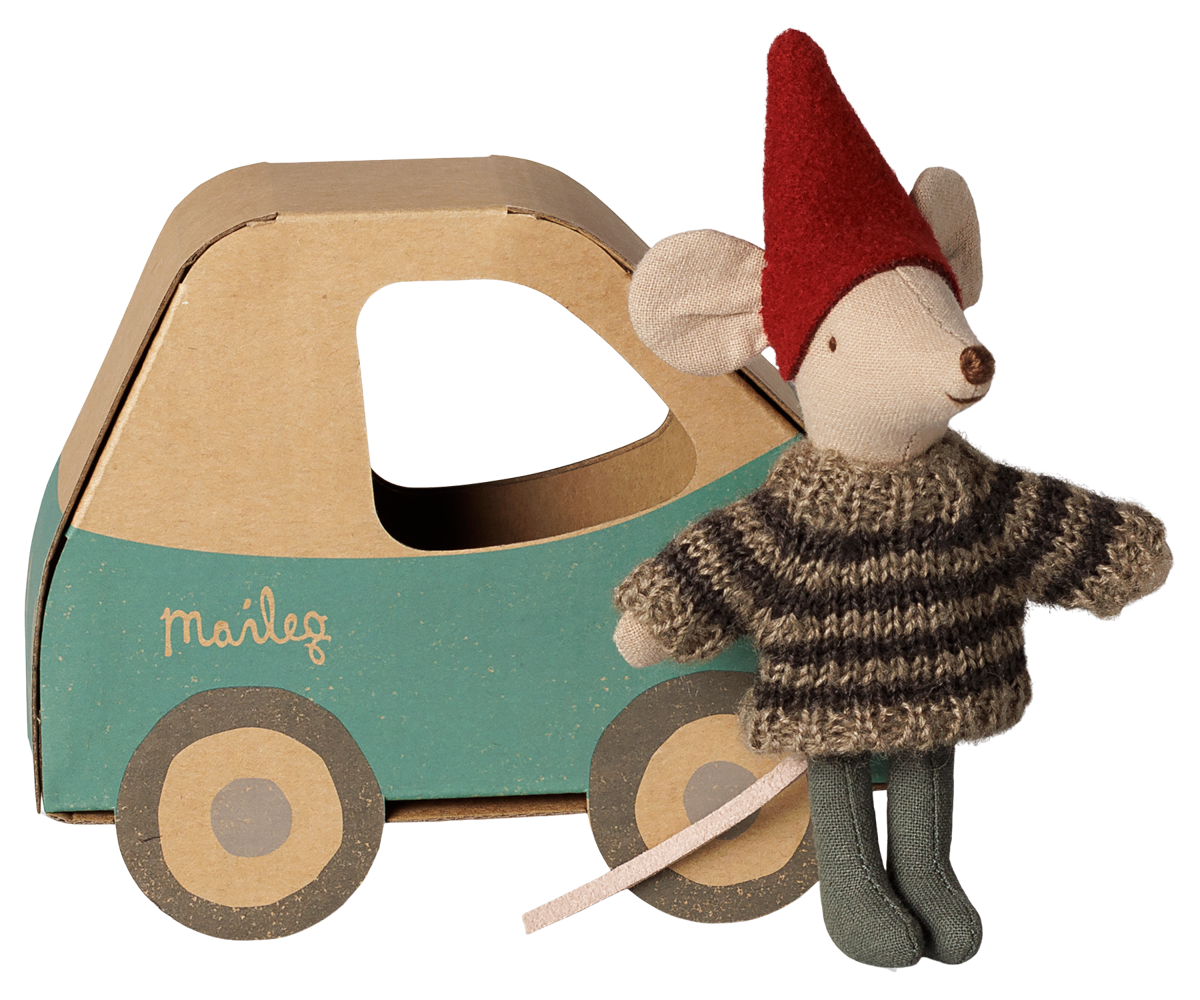 2026 Maileg Little Brother in Car Box Christmas Mouse