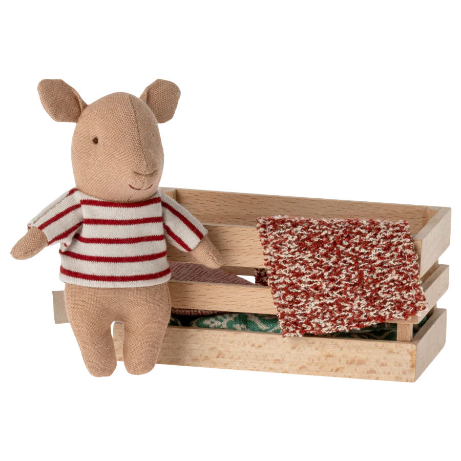Maileg Baby Girl Pig plush toy displayed next to her  wooden box, Denmark-designed collectible.