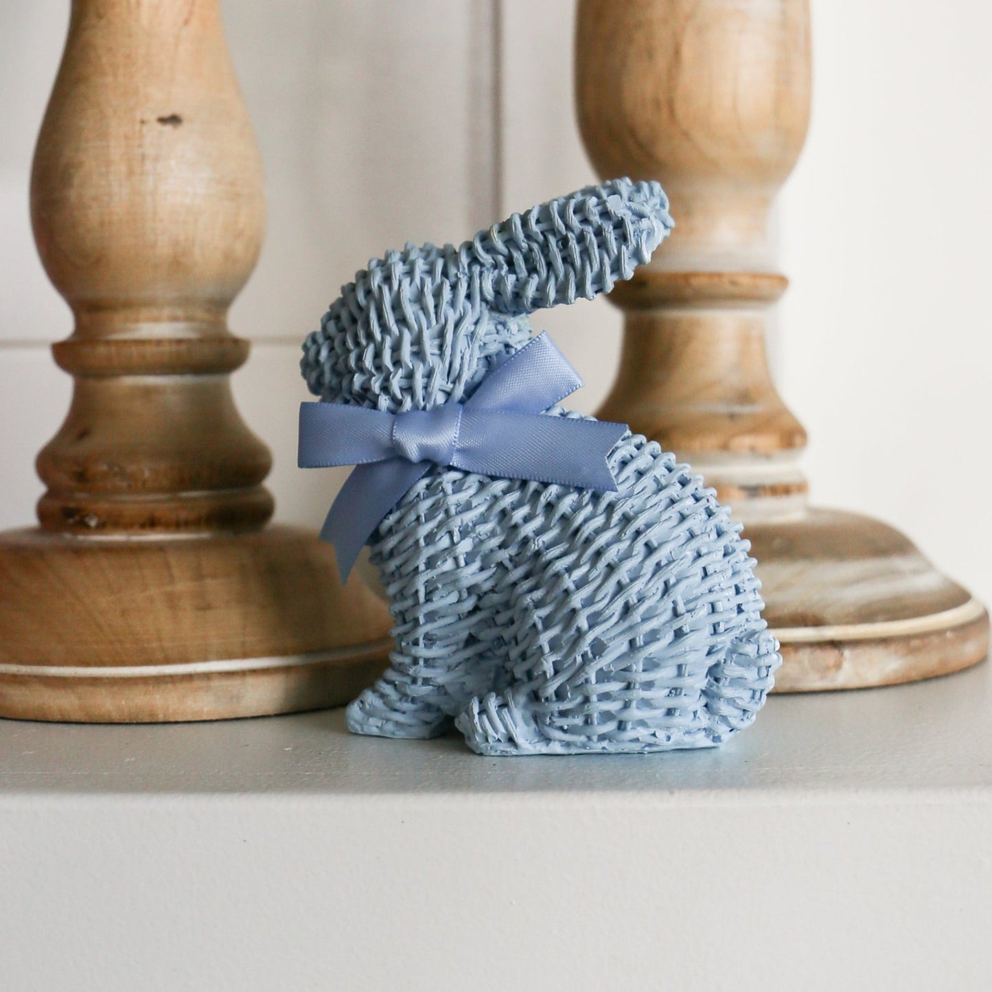Blue Woven Wicker Bunny with Bow | Sitting - Knot and Spool