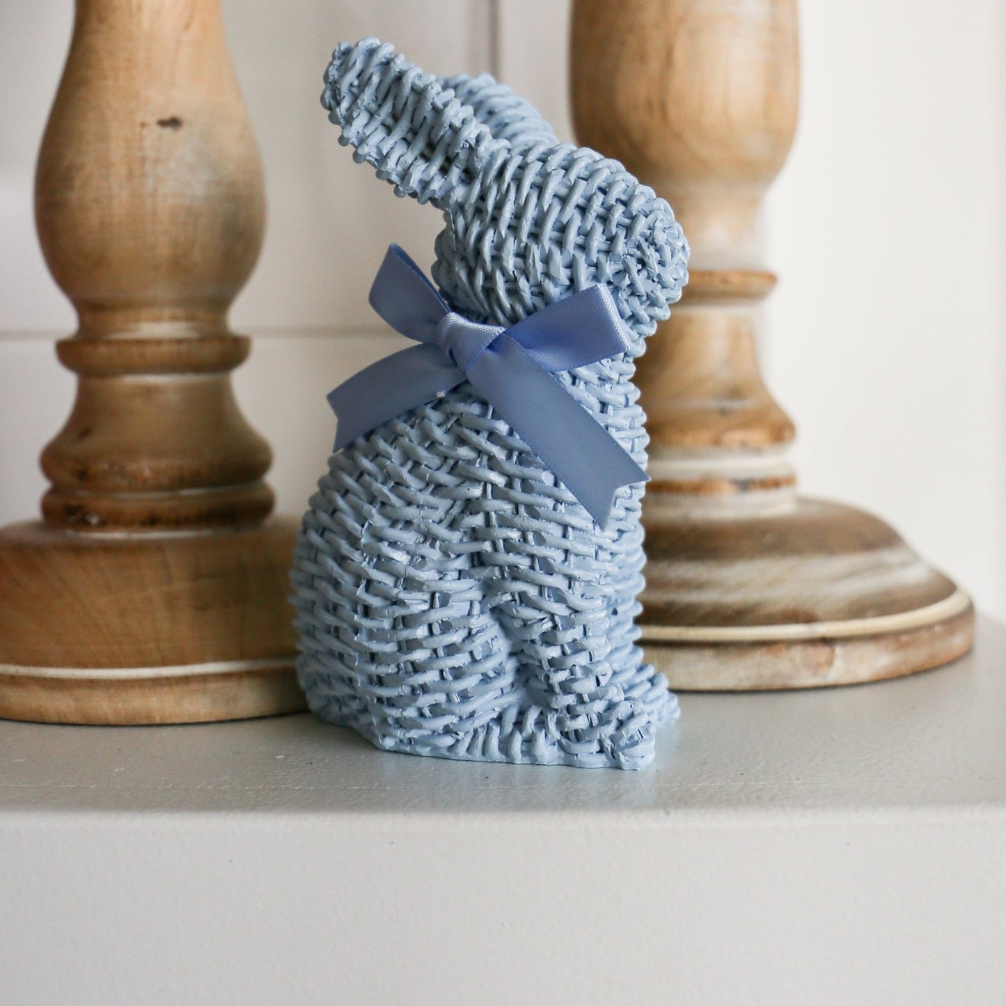 Blue Woven Wicker Bunny with Bow | Standing - Knot and Spool
