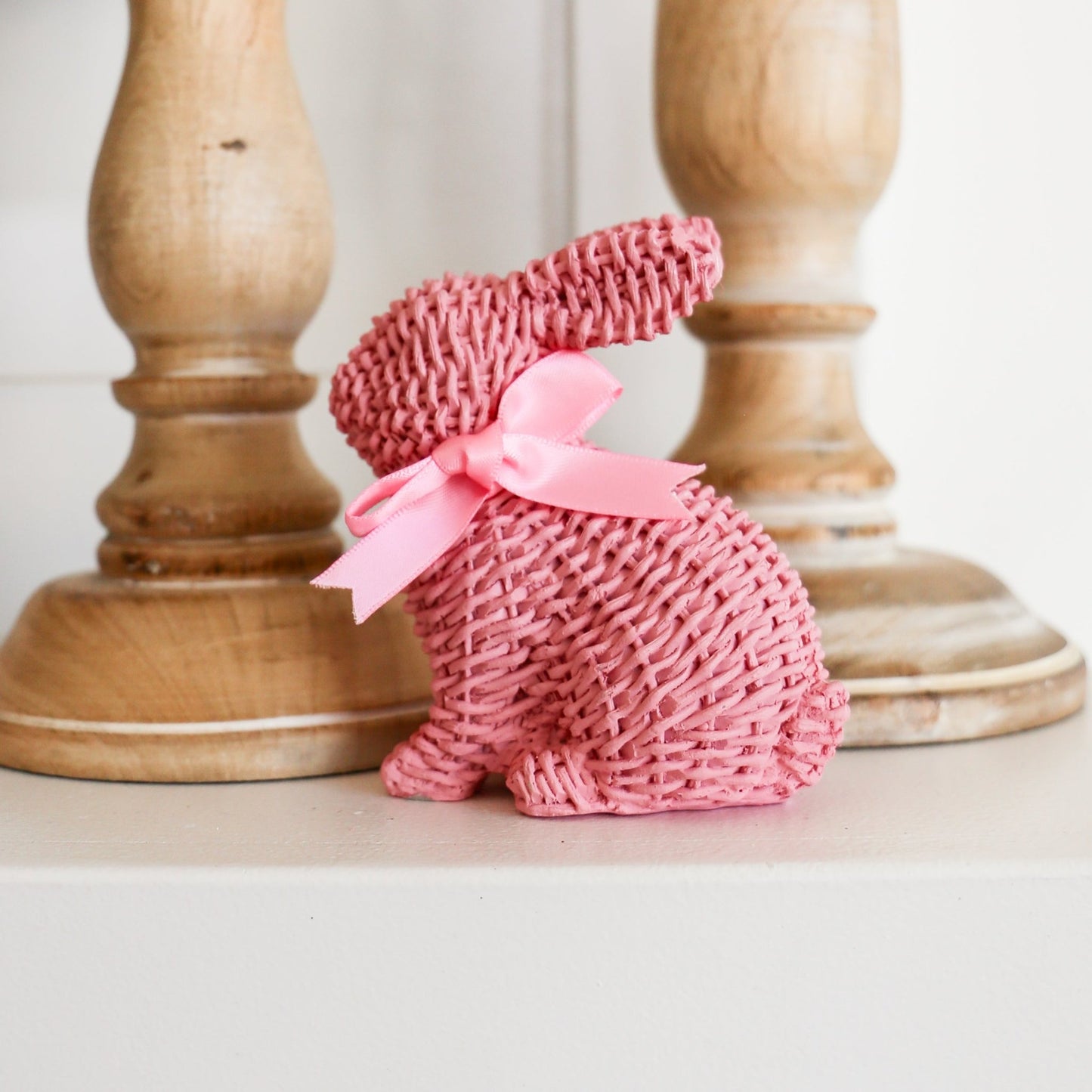 Pink Woven Wicker Bunny with Bow | Sitting - Knot and Spool
