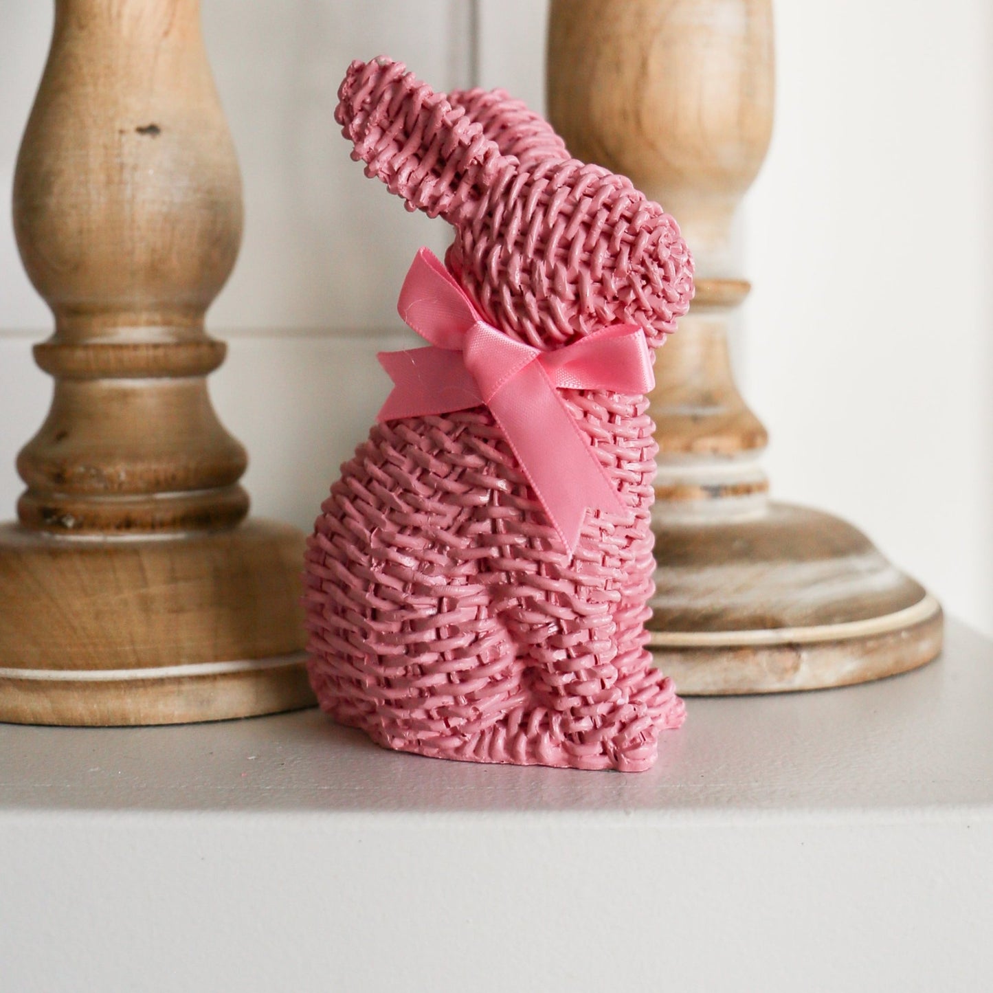 Pink Woven Wicker Bunny with Bow | Standing - Knot and Spool