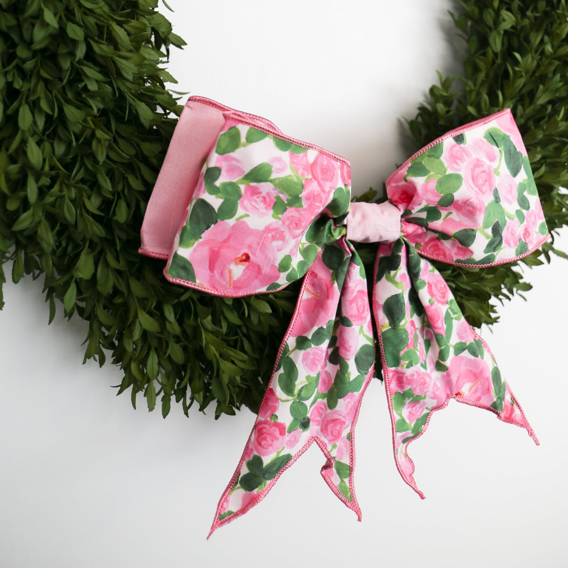 12" Linen Bow Pink Roses, Pink, White, and Green - Knot and Spool