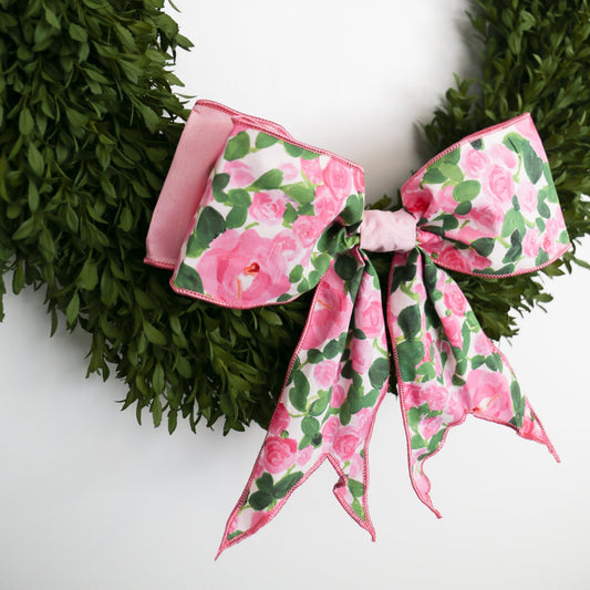 12" Linen Bow Pink Roses, Pink, White, and Green - Knot and Spool