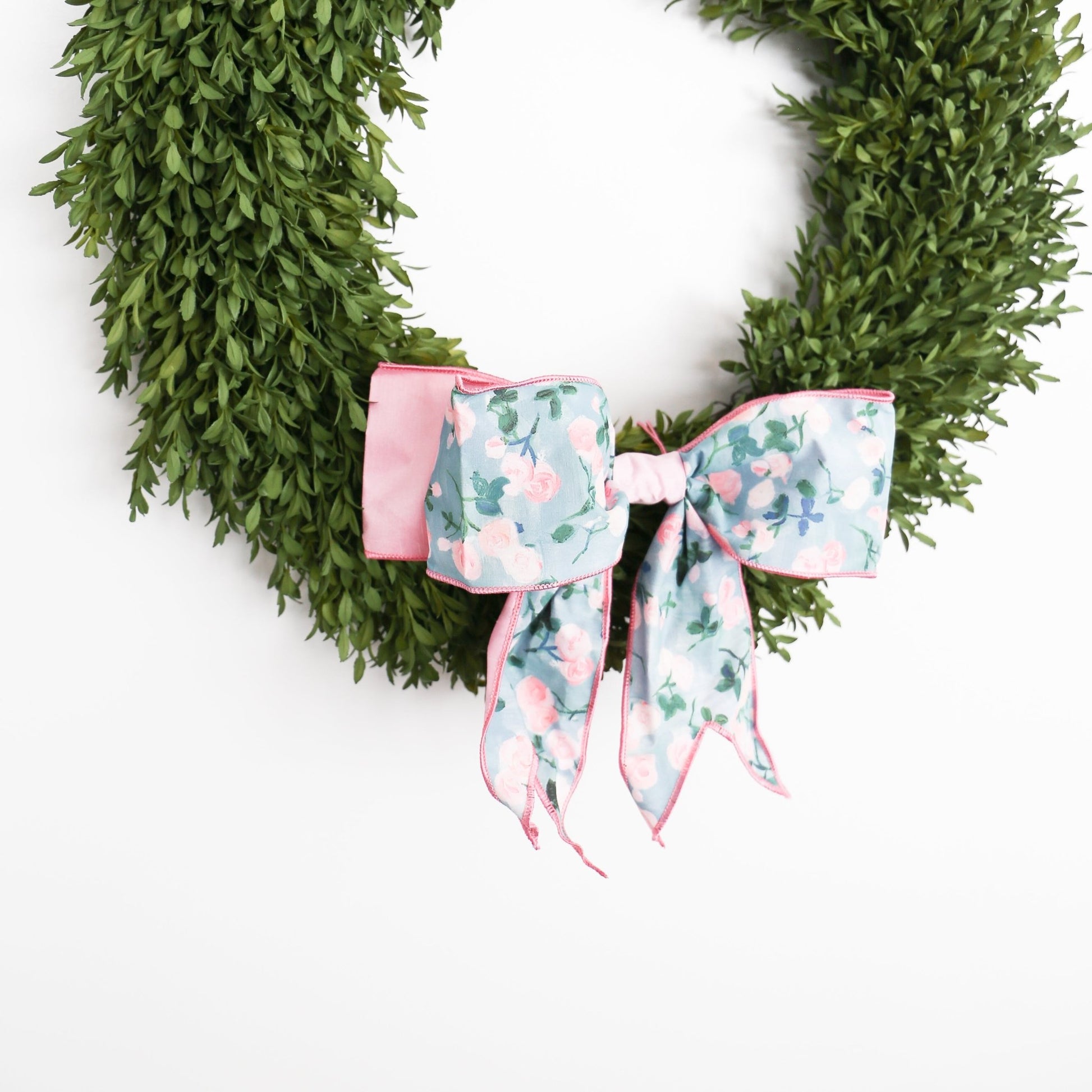 12" Poplin Bow Pale Pink Watercolor Roses, Pink and Blue - Knot and Spool
