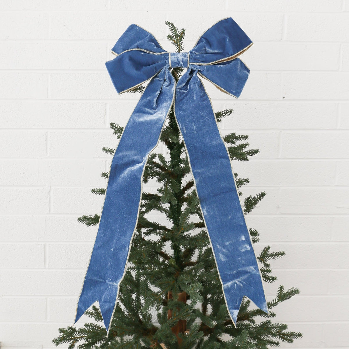 15" Dusty Blue Velvet Bow with Gold Backing - Knot and Spool
