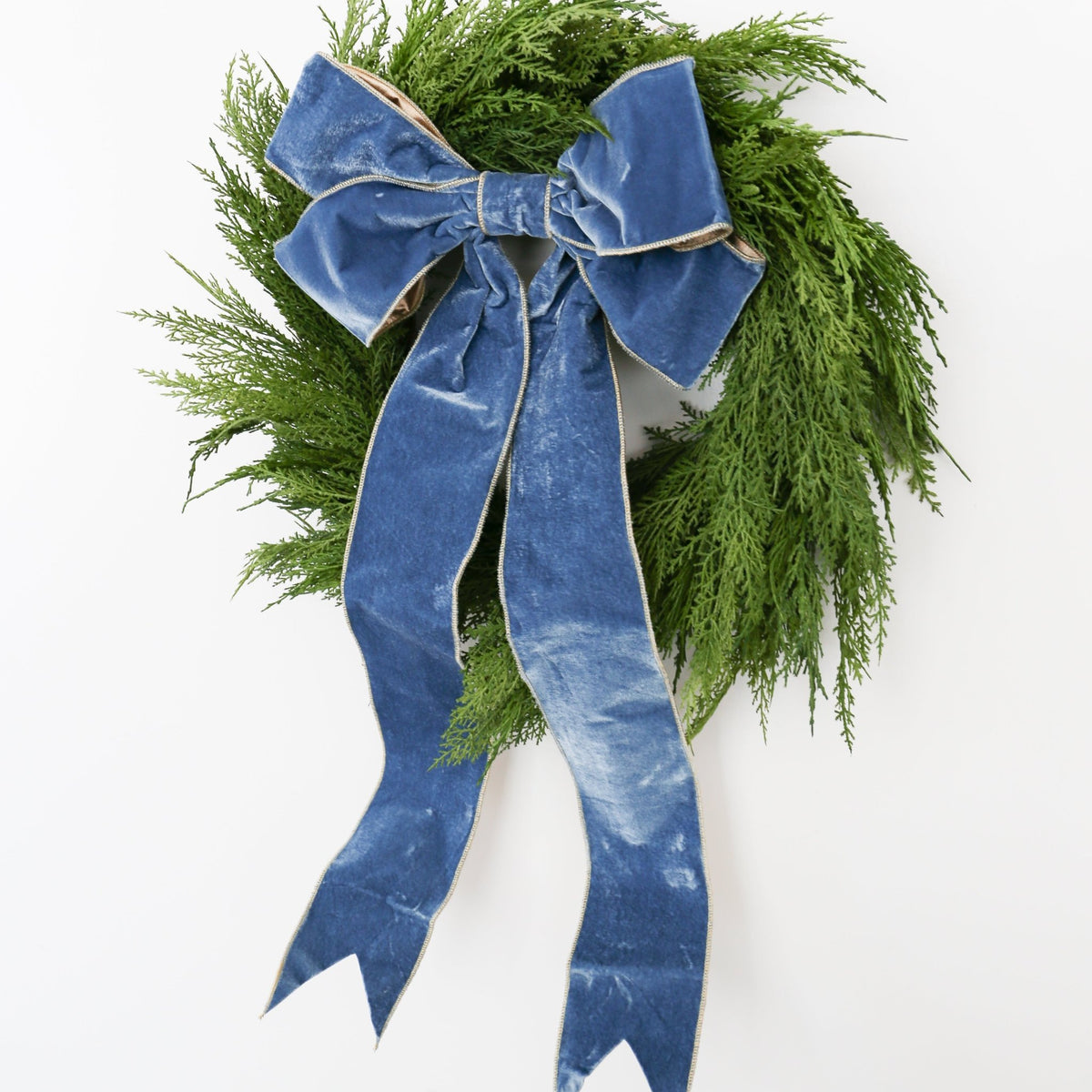 15" Dusty Blue Velvet Bow with Gold Backing - Knot and Spool