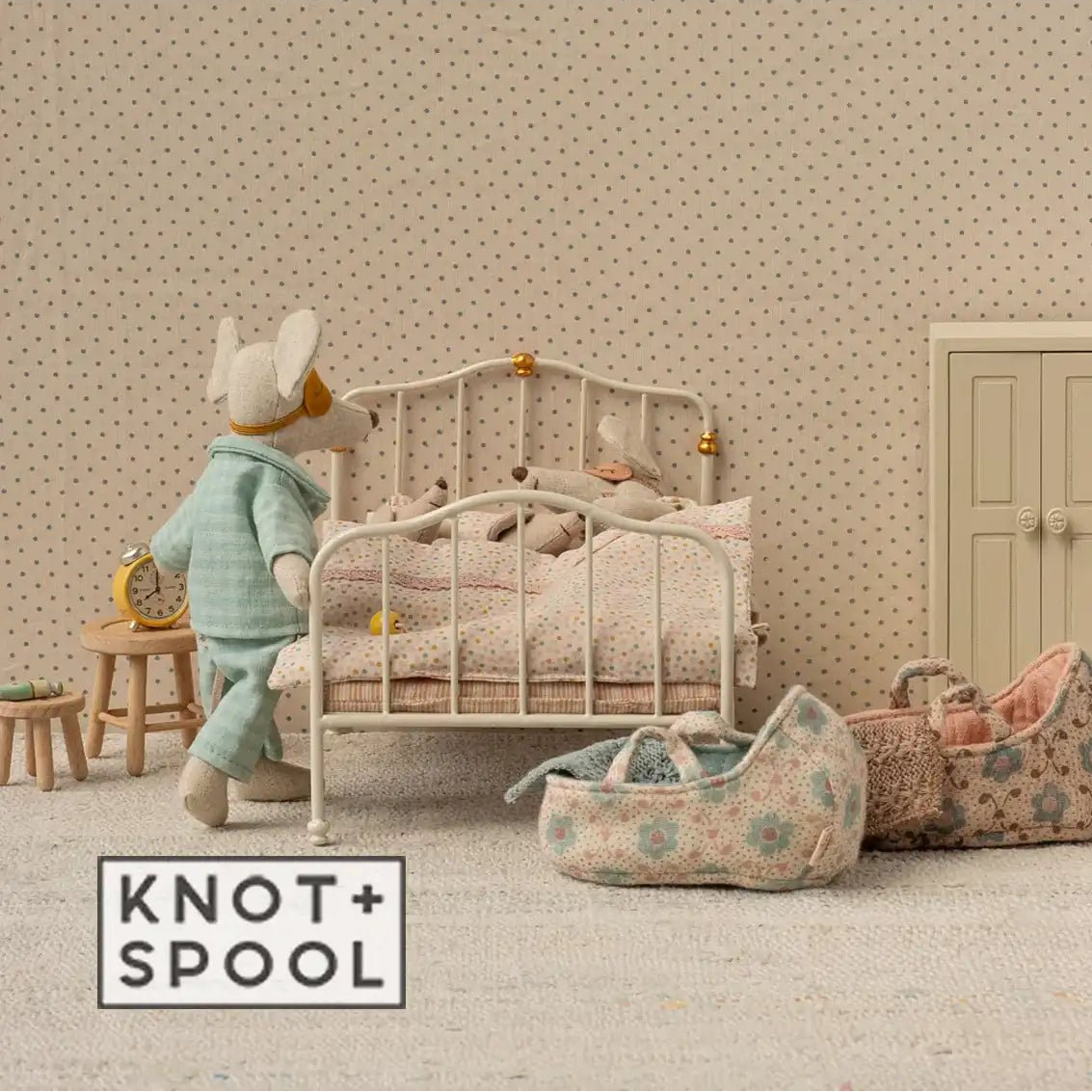2025 Maileg Blue Baby Mouse Carry Cot - Knot and Spool