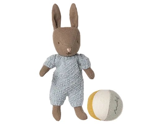 2025 Maileg Brown - Blue Micro Rabbit Set With No Bottle - Knot and Spool