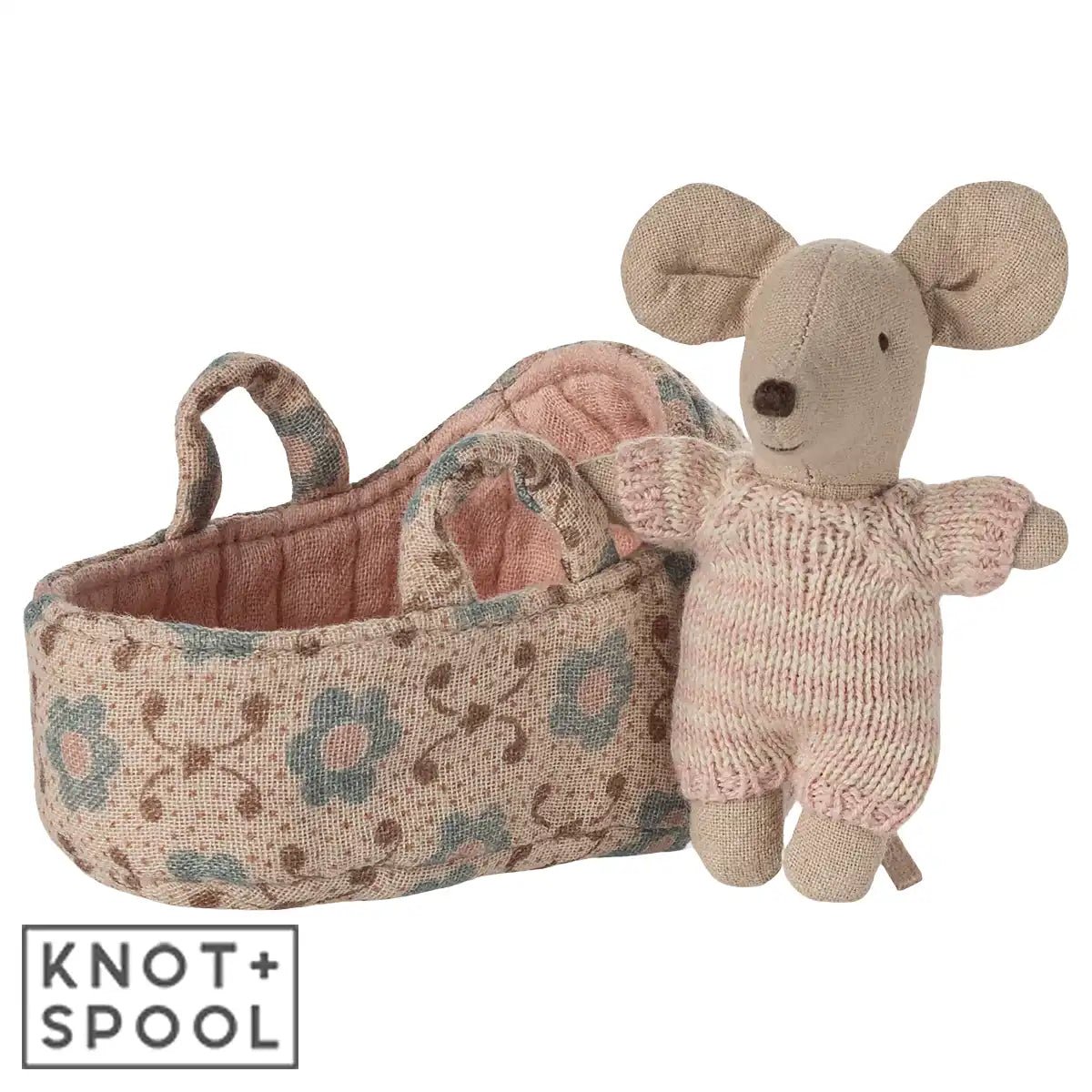 2025 Maileg Rose Baby Mouse in Carry Cot - Knot and Spool