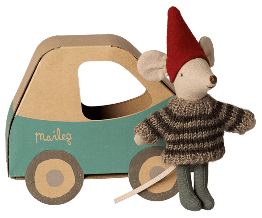 2026 Maileg Little Brother in Car Box Christmas Mouse - Knot and Spool
