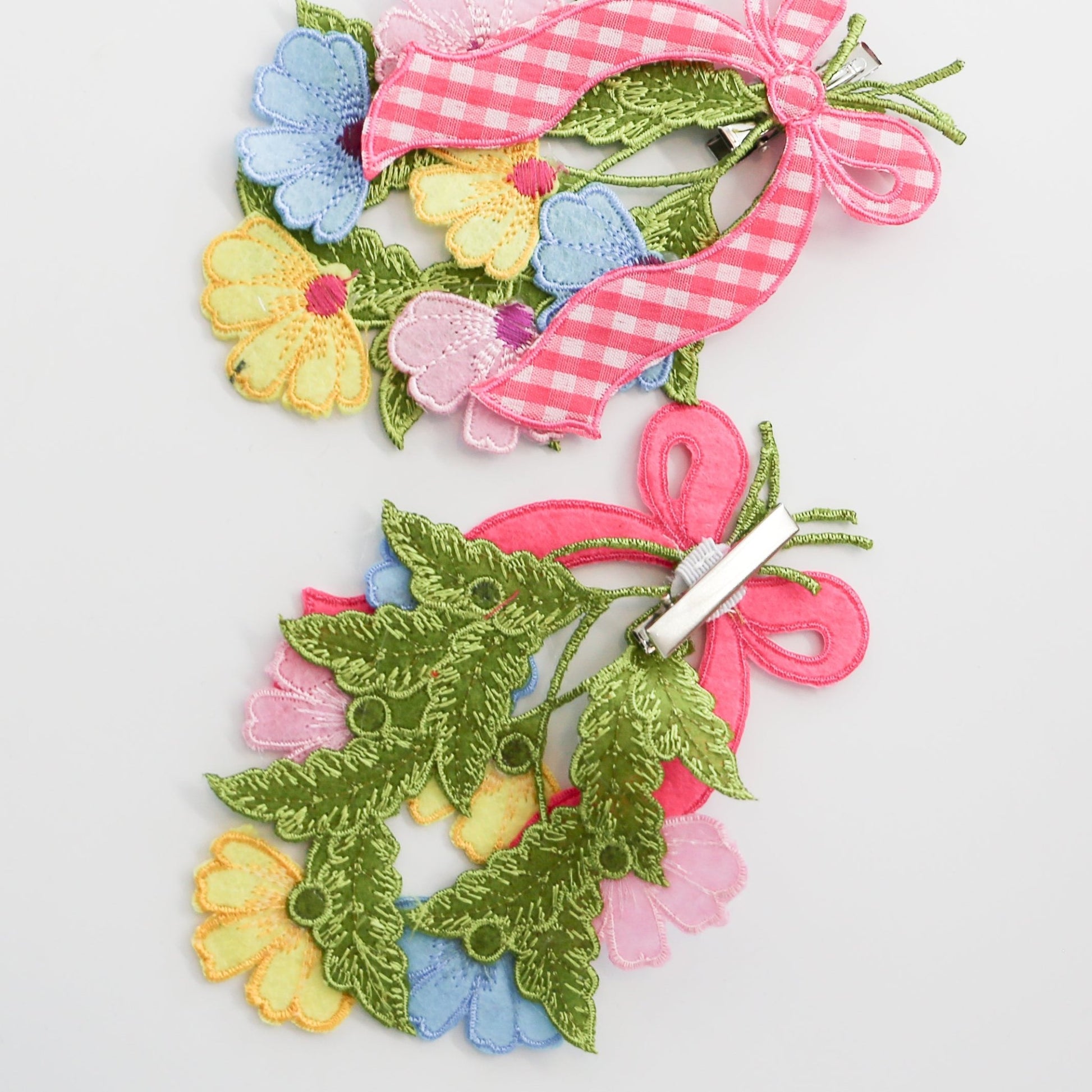 6" Daisy Cutout Gingham Pink Bow With Clip, Yellow, Pink, and Blue - Knot and Spool