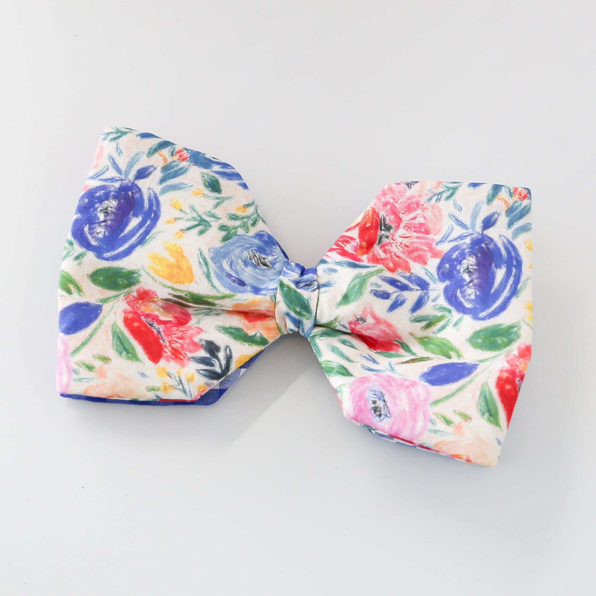 6" Poplin Hand Drawn Red, Blue, and Yellow Floral Bow Clip - Knot and Spool