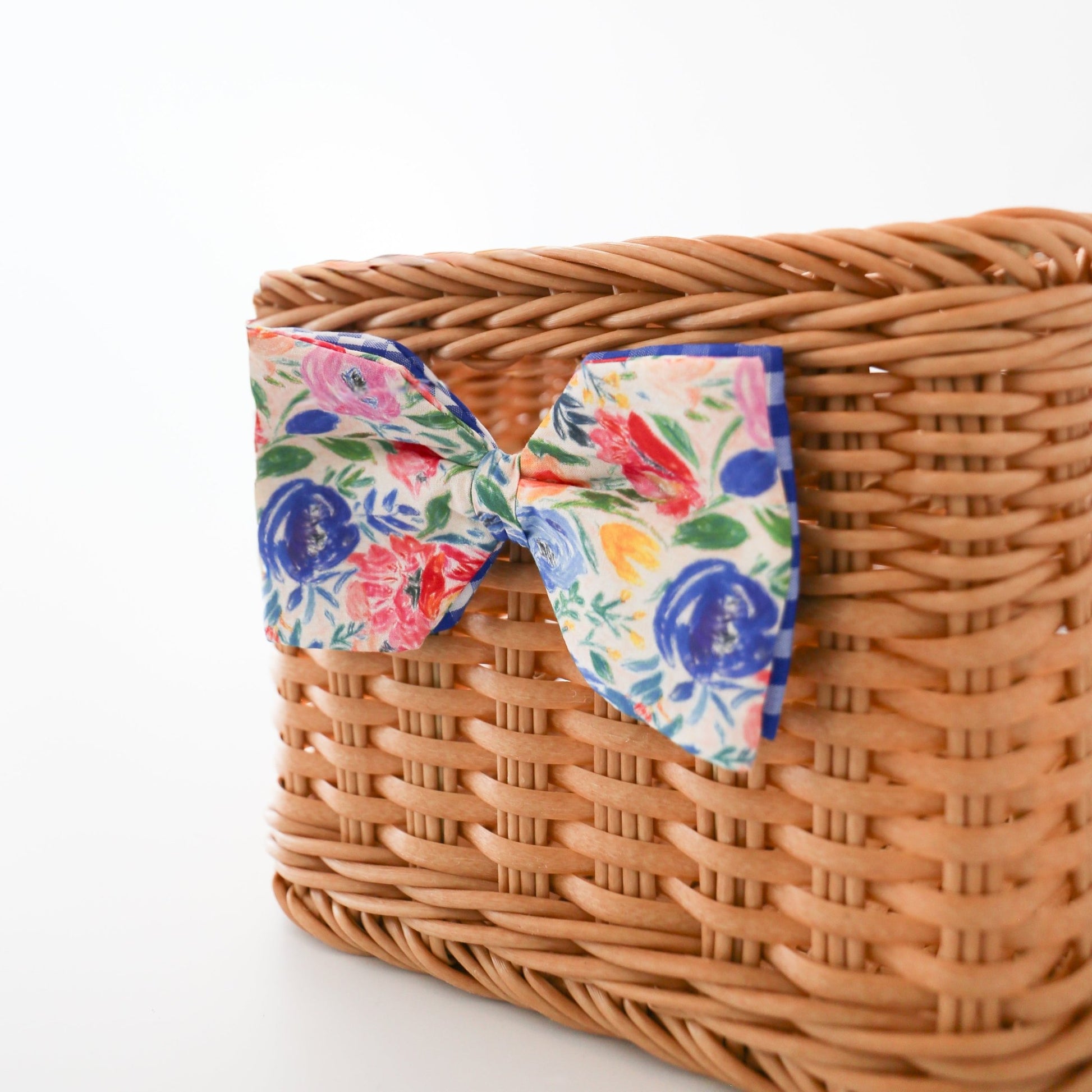6" Poplin Hand Drawn Red, Blue, and Yellow Floral Bow Clip - Knot and Spool