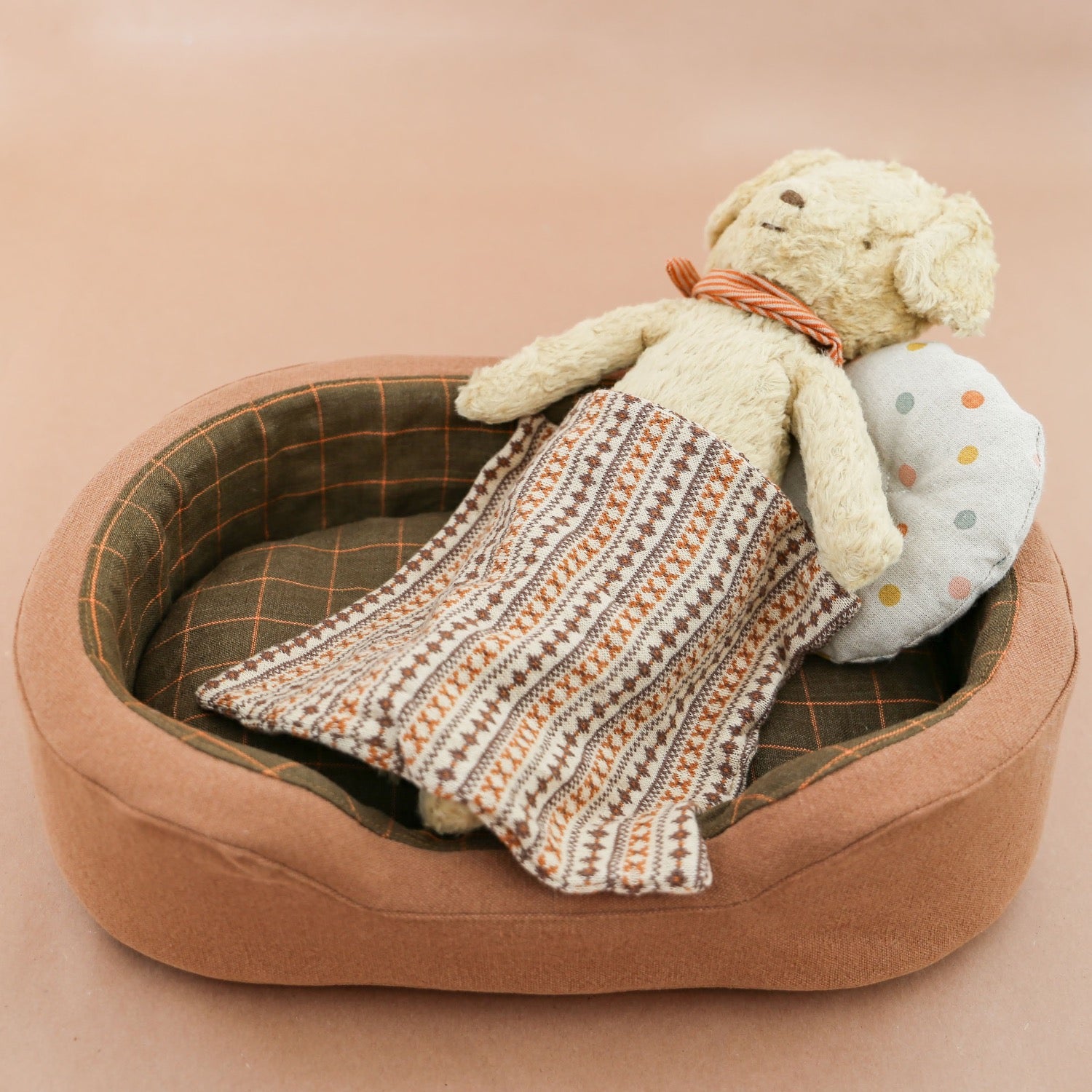 Maileg Dog Stuffed Animal in Dog Bed Basket