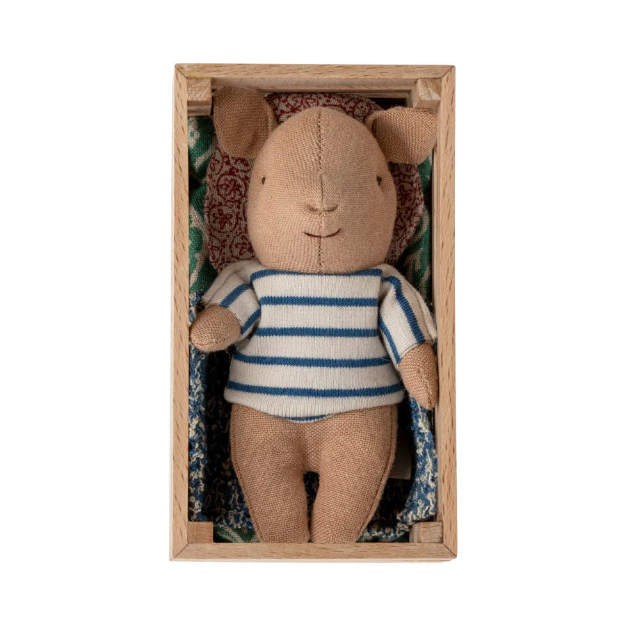 Cute Maileg Baby Boy Pig nestled in a decorative box