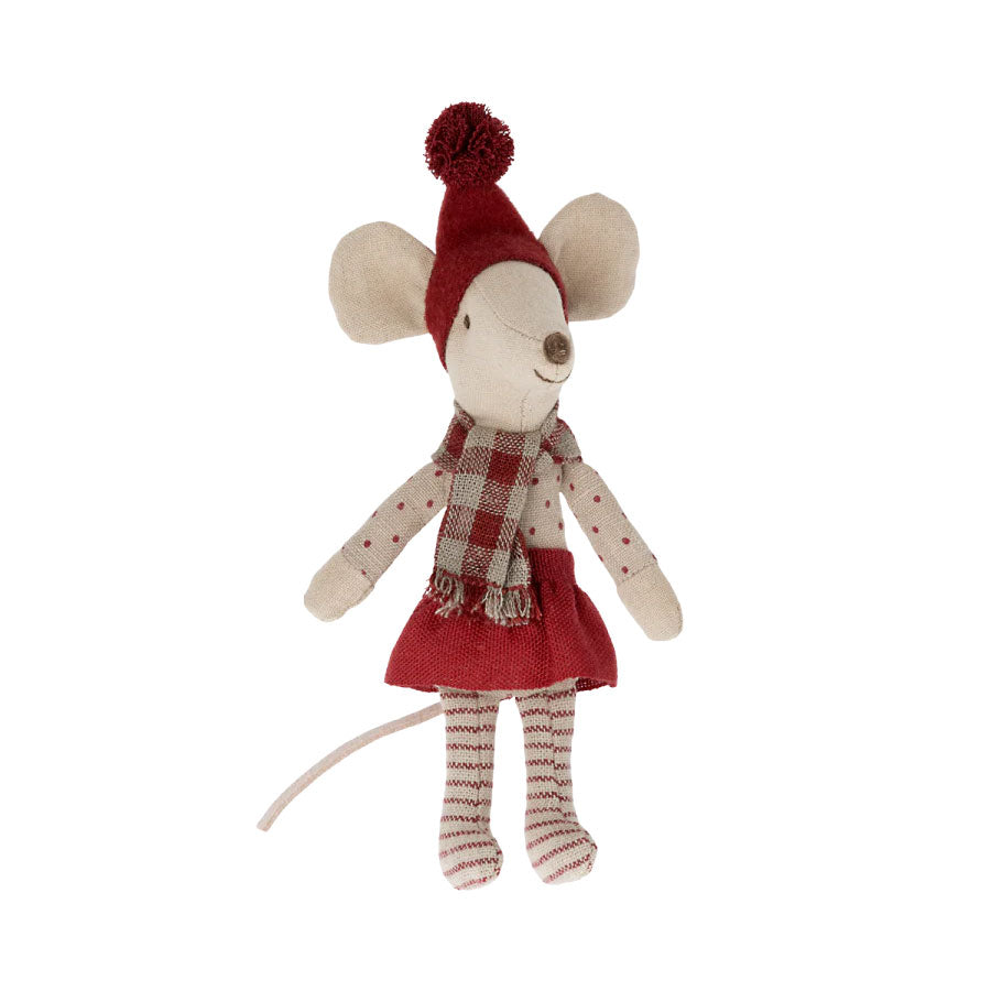 Maileg Big Sister Christmas Mouse in festive attire, perfect for holiday decoration and imaginative play.