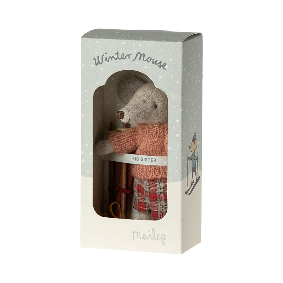 Maileg Big Sister Winter Mouse with Ski Set in box.