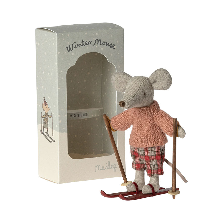Maileg Big Sister Winter Mouse with Ski Set next to box