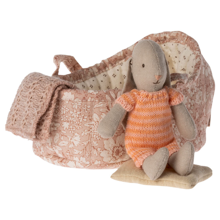 Maileg Micro Bunny in Carry Cot - Coral Colored