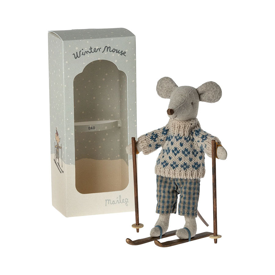 Maileg Dad Winter Mouse with Ski Set getting ready for the ski slopes.
