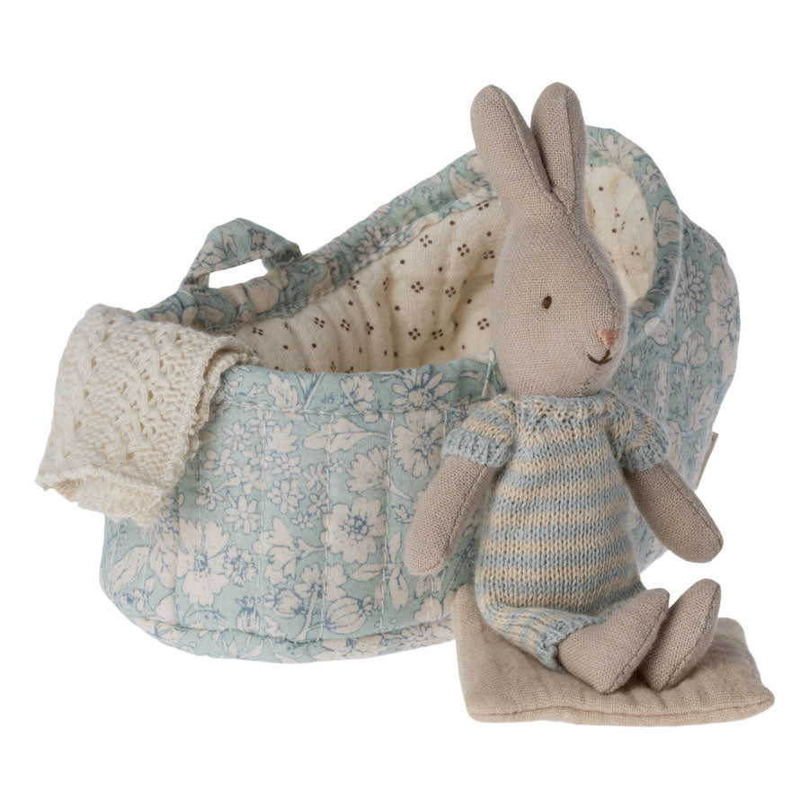 Maileg Dusty Blue Micro Rabbit in Carry Cot