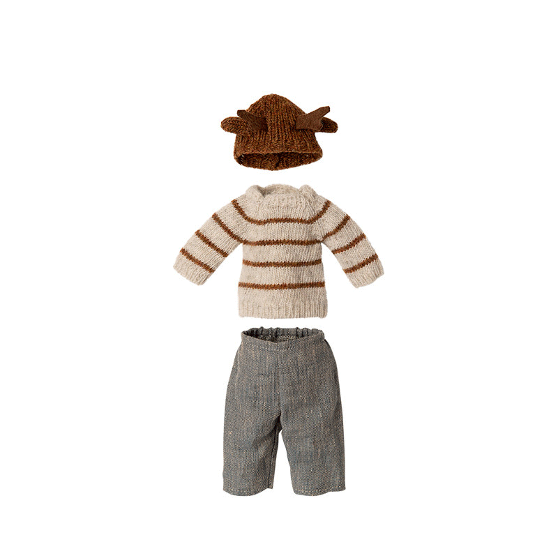 Maileg Medium Mouse Boy Clothing with Striped Sweater, Pants and Deer Hat