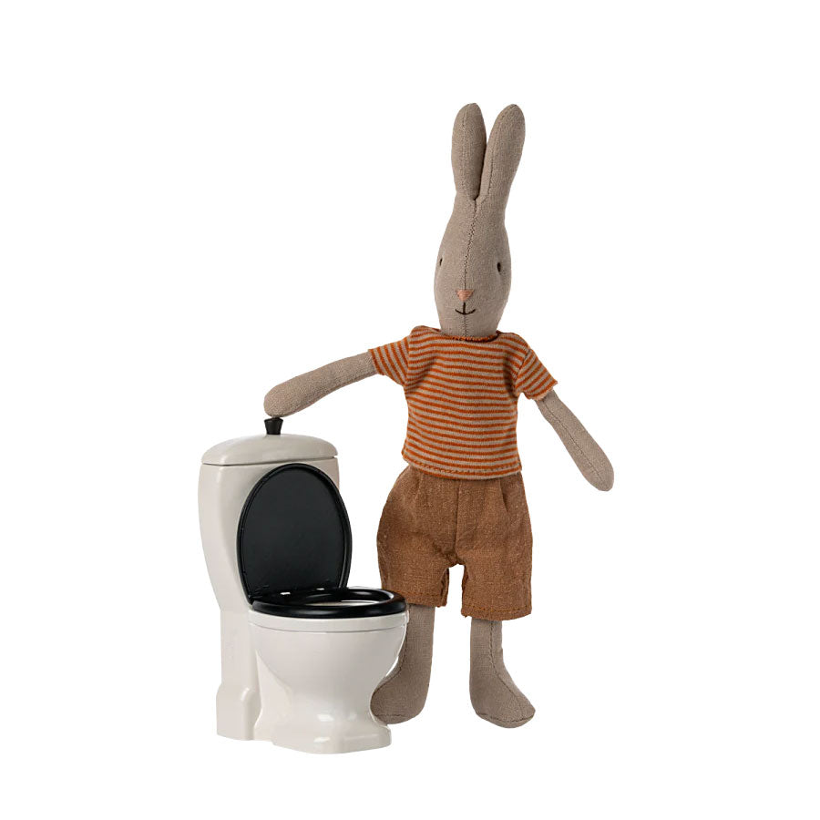 Maileg Bunny responsibly flushing his Maileg Miniature Toilet.