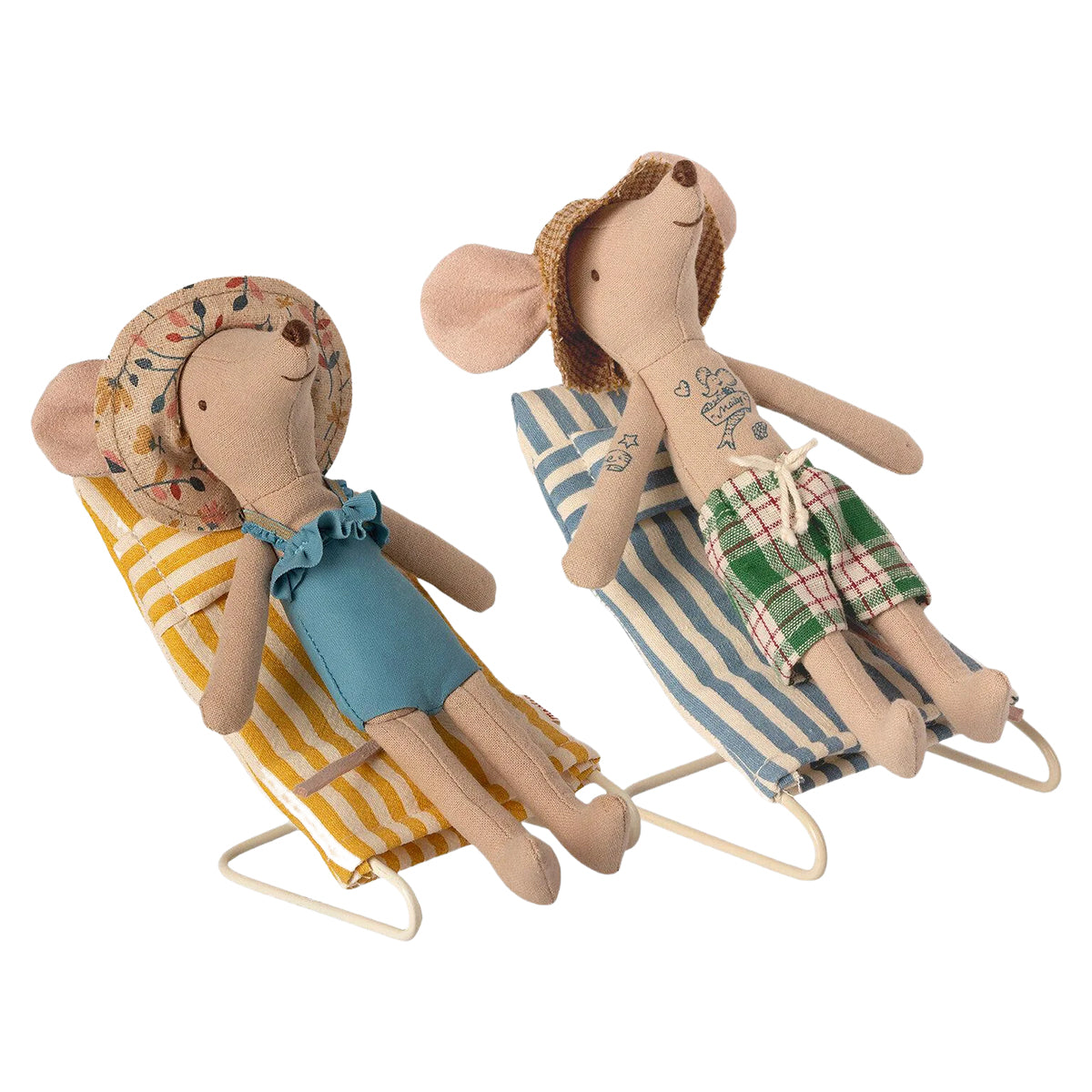 Maileg Mouse Beach Chair Set with Maileg Mum and Dad Mice sunbathing.