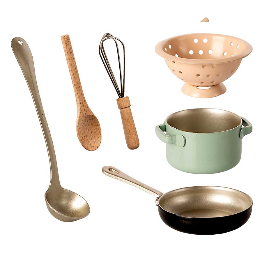 Maileg Mouse Cooking Set - pot, pan, strainer, and utensils.