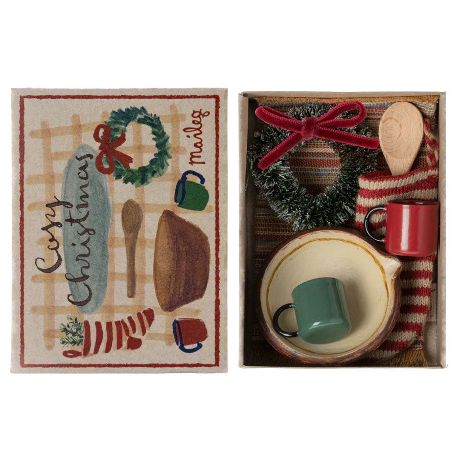 2023 Maileg Mouse Cozy Christmas Set nicely organized in its box.