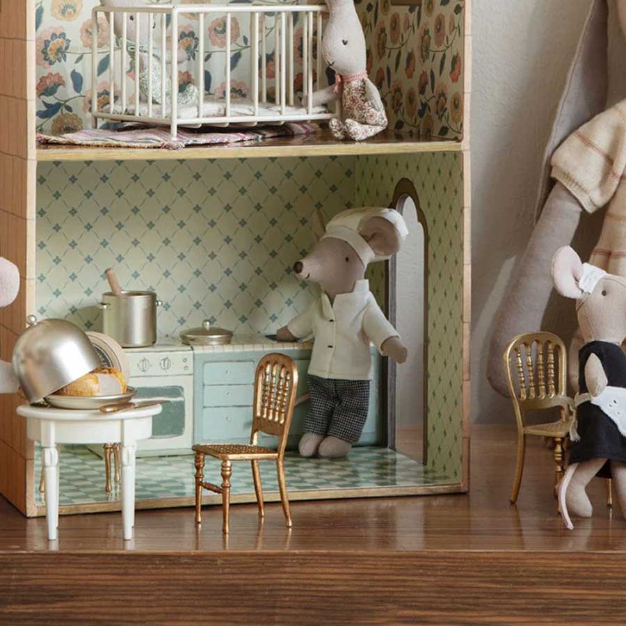 Maileg Mouse Gold Chair in dollhouse.