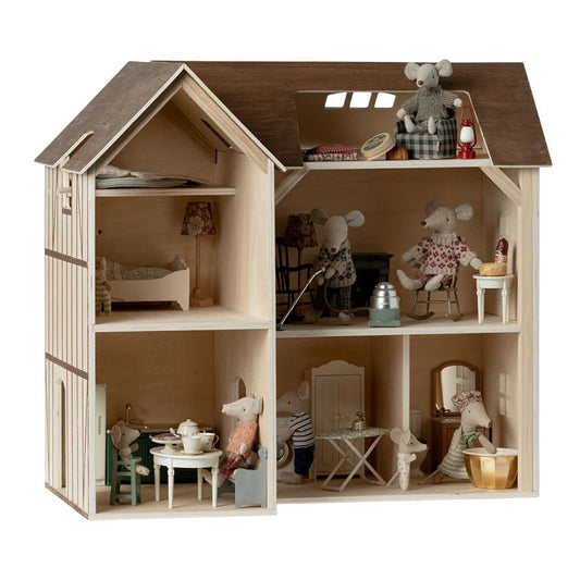Maileg Mouse Hole Farmhouse with mice and furniture.