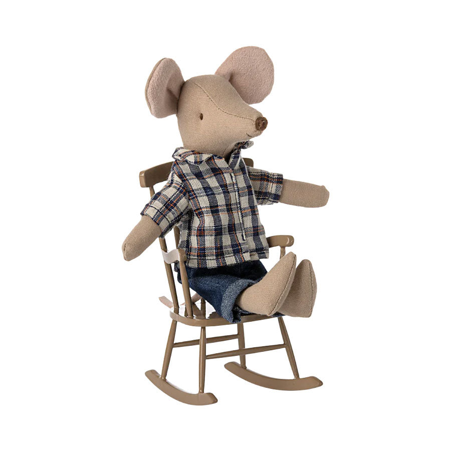 Maileg Dad Mouse rocking away in his Maileg Mouse Light Brown Rocking Chair