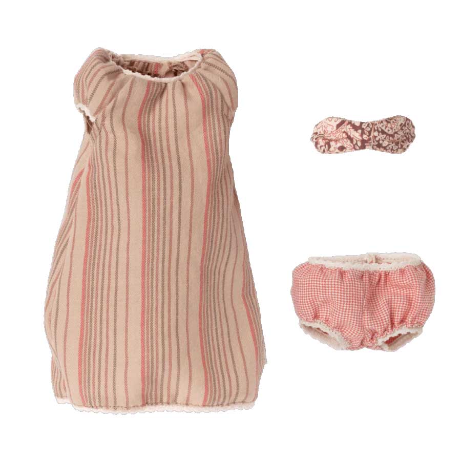 Maileg Mouse Medium, Pink-Stripe Nightgown