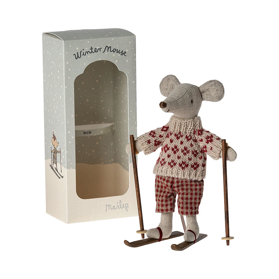 Maileg Mum Winter Mouse with Ski Set ready to hit the slopes.