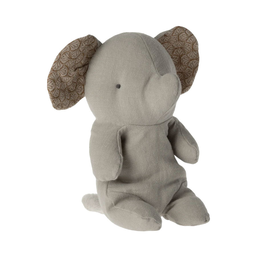 Soft linen Maileg Safari Friends Small Grey Elephant plush toy with a sitting posture.