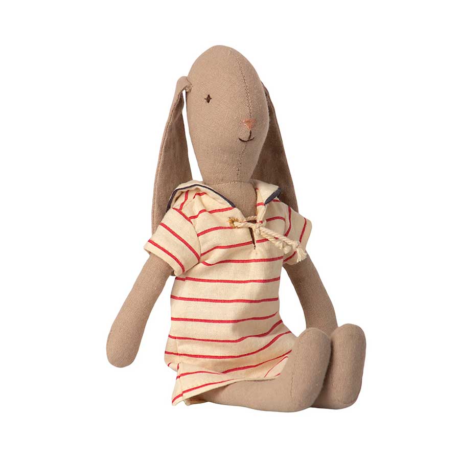 Maileg Sailor Bunny in Red Striped Dress sitting.