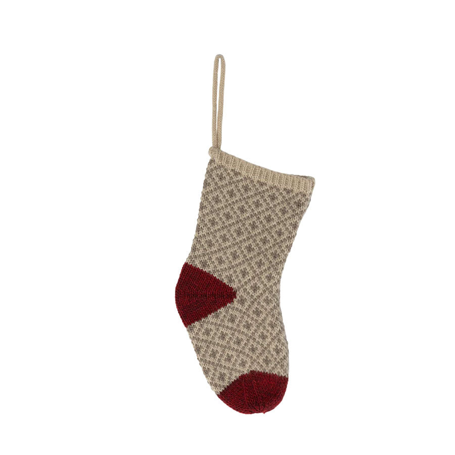 Maileg Soft-Grey Christmas Stocking with a red toe and heel detail, crafted from 100% ACRYLIC.